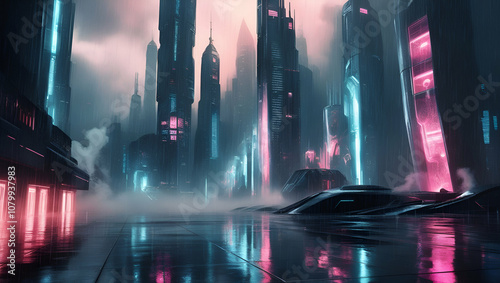 A mesmerizing bokeh effect photography captures the misty Rain descending upon a futuristic cityscape, where towering skyscrapers and neon-lit buildings reflect off the wet pavement, blending seamless photo