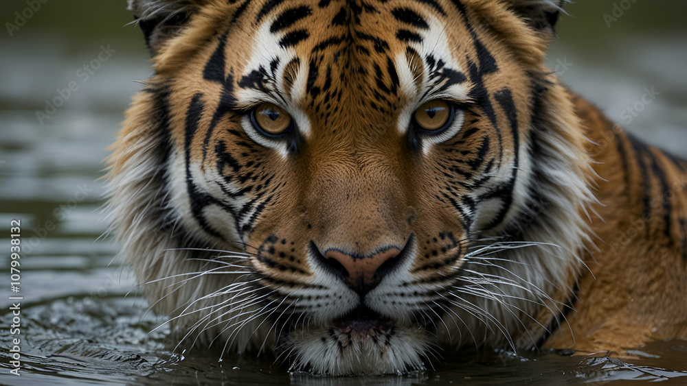 Naklejka premium The eyes of the tiger emerge from the water.