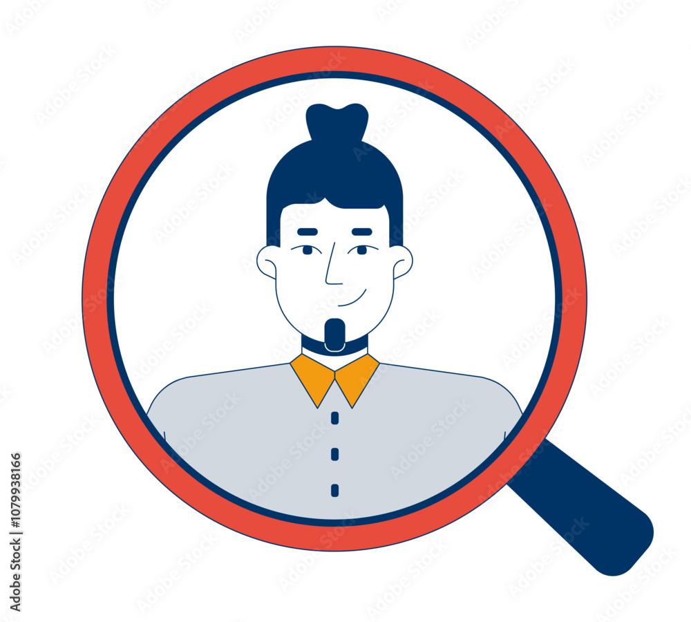 Positive caucasian man view through magnifying glass 2D cartoon character. Business company vacation male applicant isolated person flat vector on white background. Spot illustration colorful Positive caucasian man view through magnifying glass 2D cartoon character. Business company vacation male applicant isolated person flat vector on white background. Spot illustration colorful