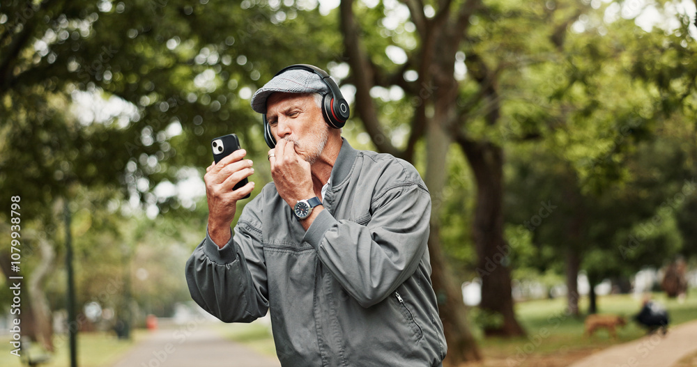 Headphones, senior man and phone for winning in park with good news, online giveaway and gambling bonus. Old person, smartphone and satisfaction for lottery prize, competition notification or success Headphones, senior man and phone for winning in park with good news, online giveaway and gambling bonus. Old person, smartphone and satisfaction for lottery prize, competition notification or success