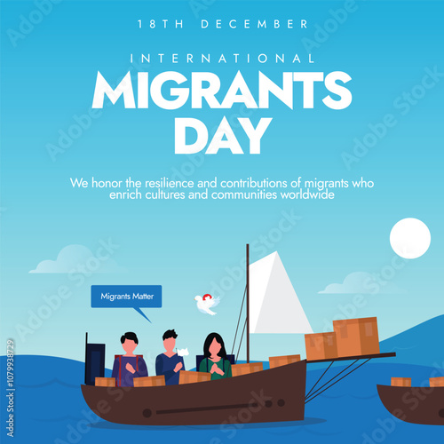 International Migrants day, 18th December banner, post. Migrants day conceptual banner with migrant families sitting on boat crossing sea.  The day raise awareness of the challenges faced by migrants.