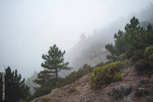 Misty mountainside with pine trees and shrubs.