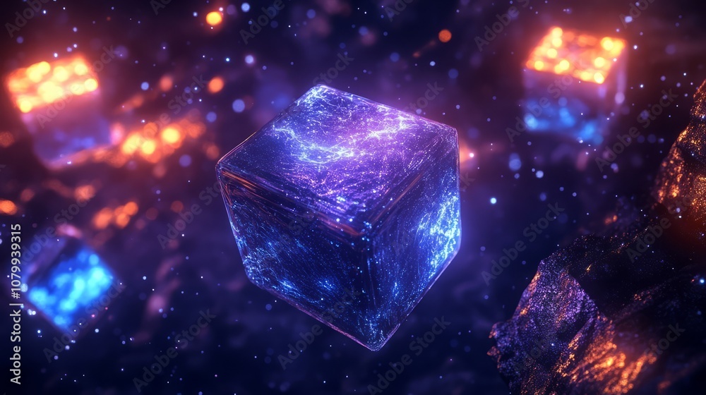 A 3D blockchain cube floating in space with other glowing blocks in the distance