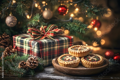 holidays, new year and celebration concept - close up of christmas gift in red wrapping with golden bow on window sill at home photo