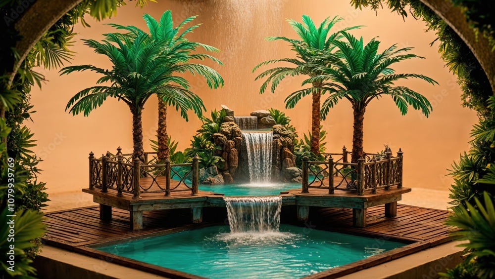 Fototapeta premium Miniature Island Platform with Waterfall, Palm Trees, and Golden Lighting