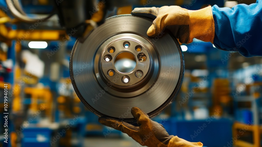 Factory worker holding a brake disc Factory worker holding a brake disc
