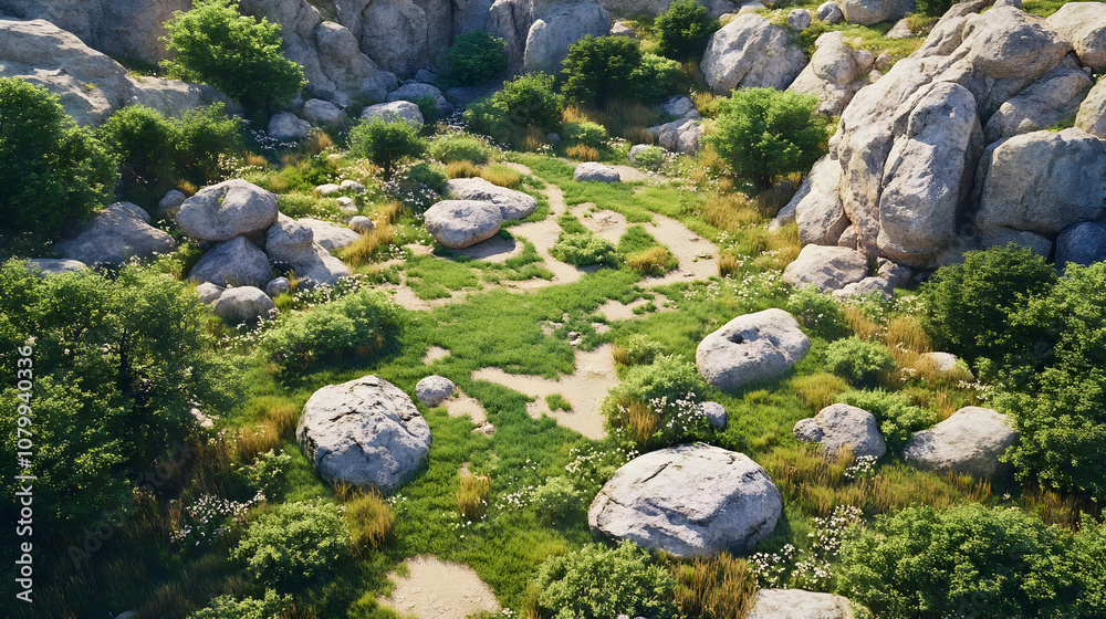 Fototapeta premium 3D Rocky Landscape Illustration - Green Grass, Trees, and Boulders