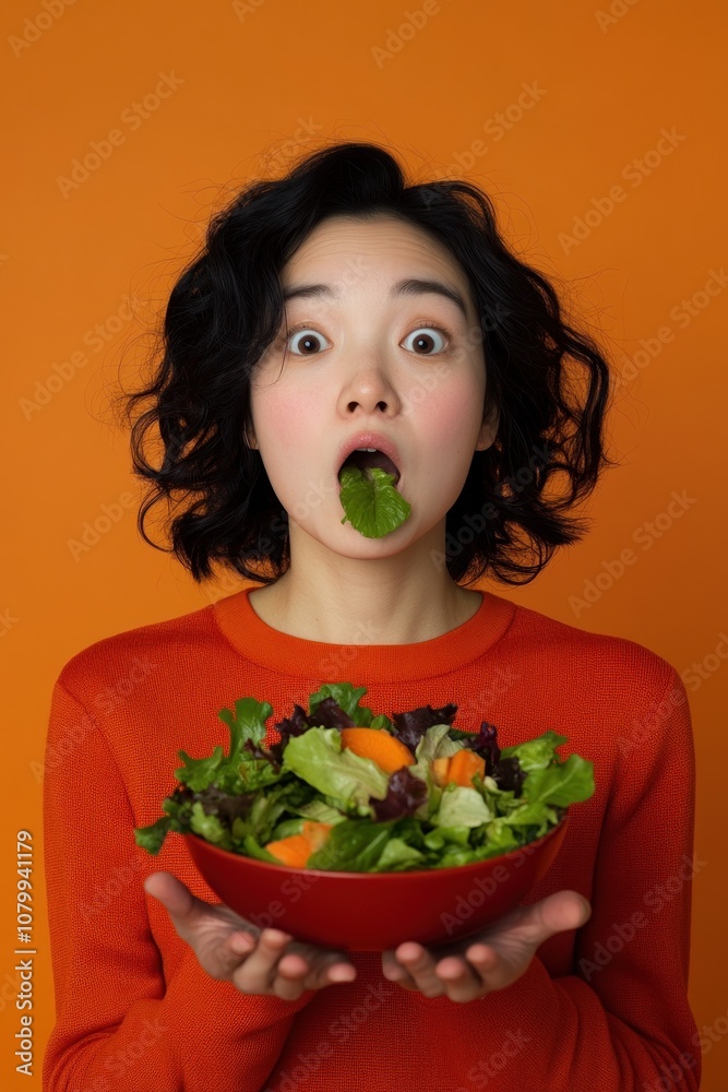 Curly-haired woman holding salad with funny surprise. Curly-haired woman holding salad with funny surprise.