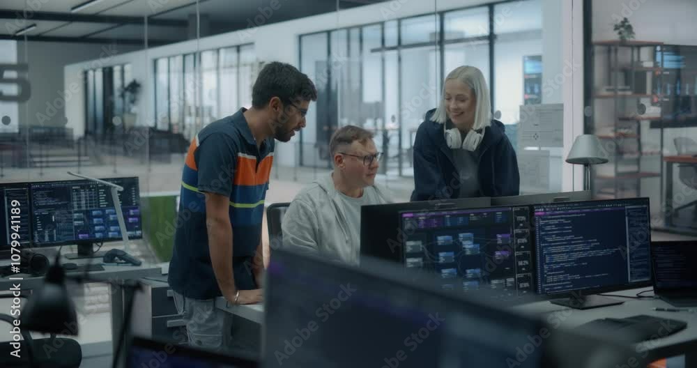 Multicultural Man and Young Caucasian Female Working in a Research Center, Discussing a Project with Their Senior IT Manager. team Using Computer to Write Advanced Software Code for an AI Service