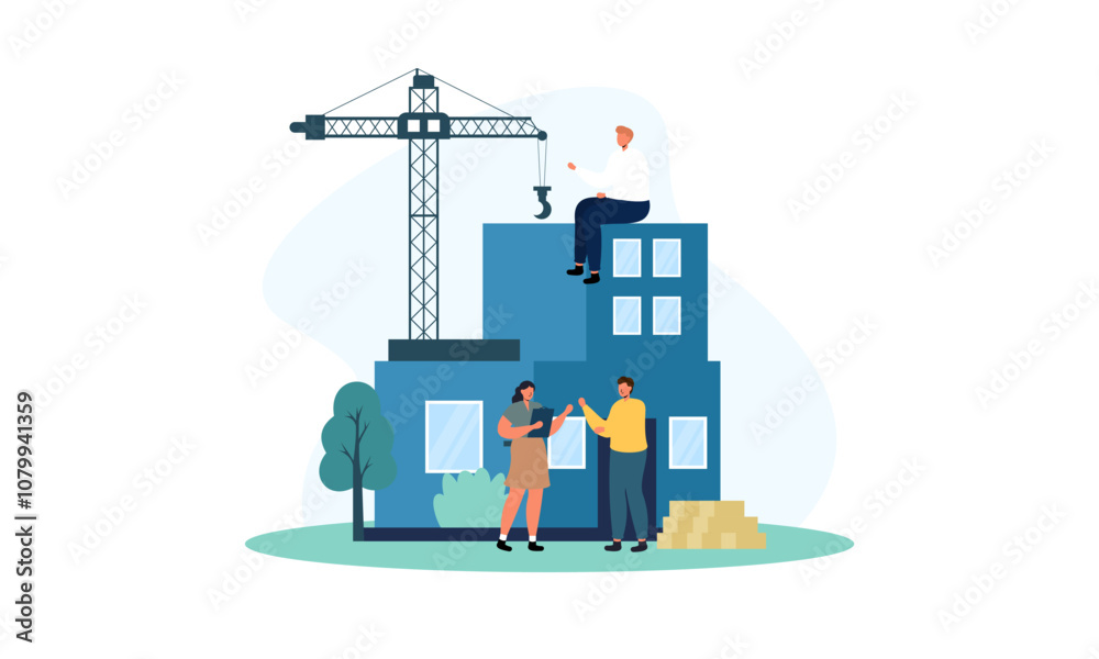 Building house process at construction site, work with floor plan ...