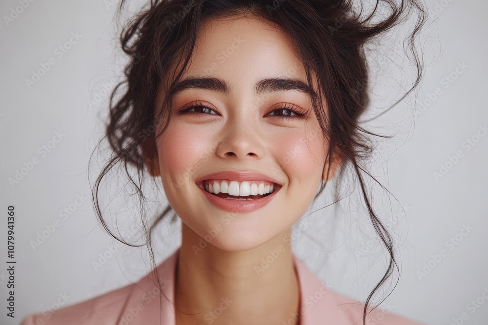 A smiling woman with natural makeup and tousled hair, conveying joy and warmth. A smiling woman with natural makeup and tousled hair, conveying joy and warmth.