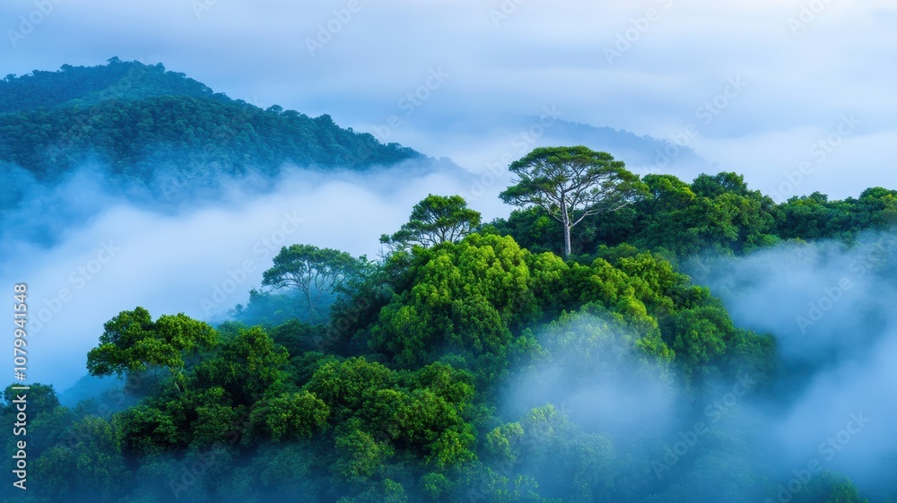 Obraz premium Misty dense forest biome showcasing intricate layers of greenery and rich biodiversity.
