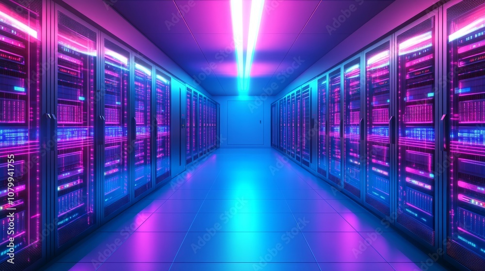 A cyberpunk-inspired server room with neon lights illuminating the racks, digital data streams visible as glowing lines flowing through the cables, futuristic vibe A cyberpunk-inspired server room with neon lights illuminating the racks, digital data streams visible as glowing lines flowing through the cables, futuristic vibe