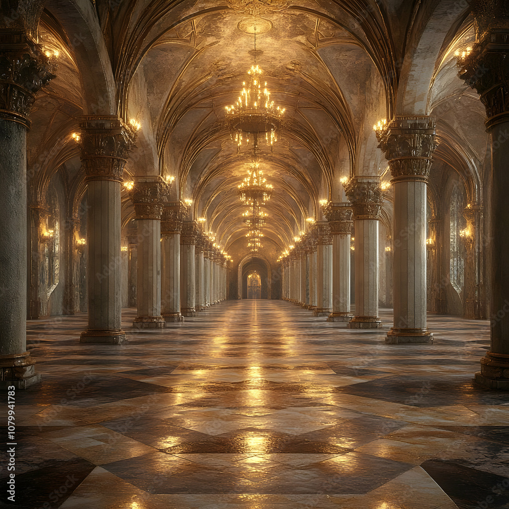 3D Illustration Grand Hallway Pillars Chandeliers Floor 3D Illustration Grand Hallway Pillars Chandeliers Floor