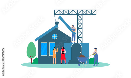 Building house process at construction site, work with floor plan illustration