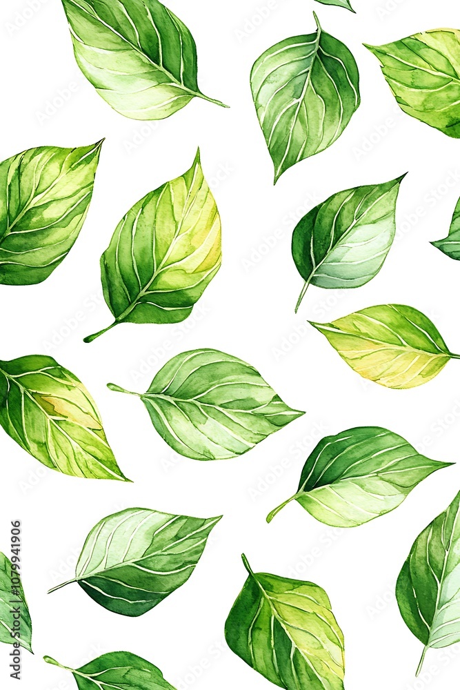 Obraz premium Seamless pattern fresh green leaves in watercolor on white background.