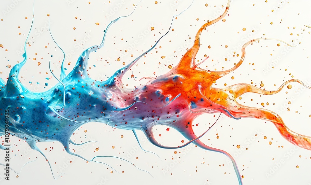 This artistic representation captures a detailed vector of a neural network, illustrating the dynamic data flows and connections resembling watercolor splashes on a white canvas