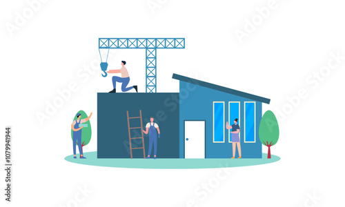 Building house process at construction site, work with floor plan illustration photo