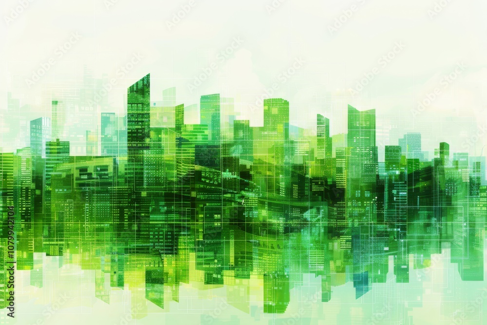 A digitally rendered image of a green city with tall buildings and an eco-friendly landscape. This abstract vision of a modern metropolis embraces sustainable practices and innovative technologies. A digitally rendered image of a green city with tall buildings and an eco-friendly landscape. This abstract vision of a modern metropolis embraces sustainable practices and innovative technologies.