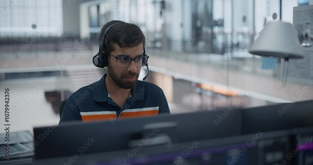 Young Help Desk Specialist Having a Conversation on a Call, Providing Technical Support to a Client Experiencing Software Issues. Indian Man Using a Headset to Talk with Maintenance Team Young Help Desk Specialist Having a Conversation on a Call, Providing Technical Support to a Client Experiencing Software Issues. Indian Man Using a Headset to Talk with Maintenance Team