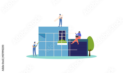 Building house process at construction site, work with floor plan illustration