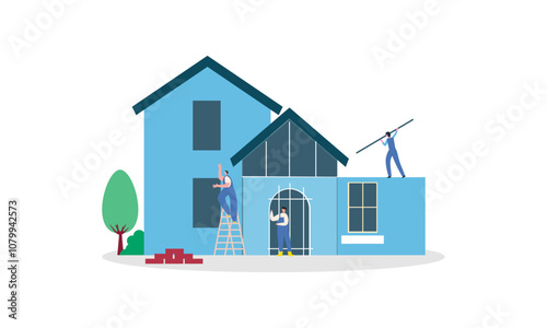 Building house process at construction site, work with floor plan illustration photo