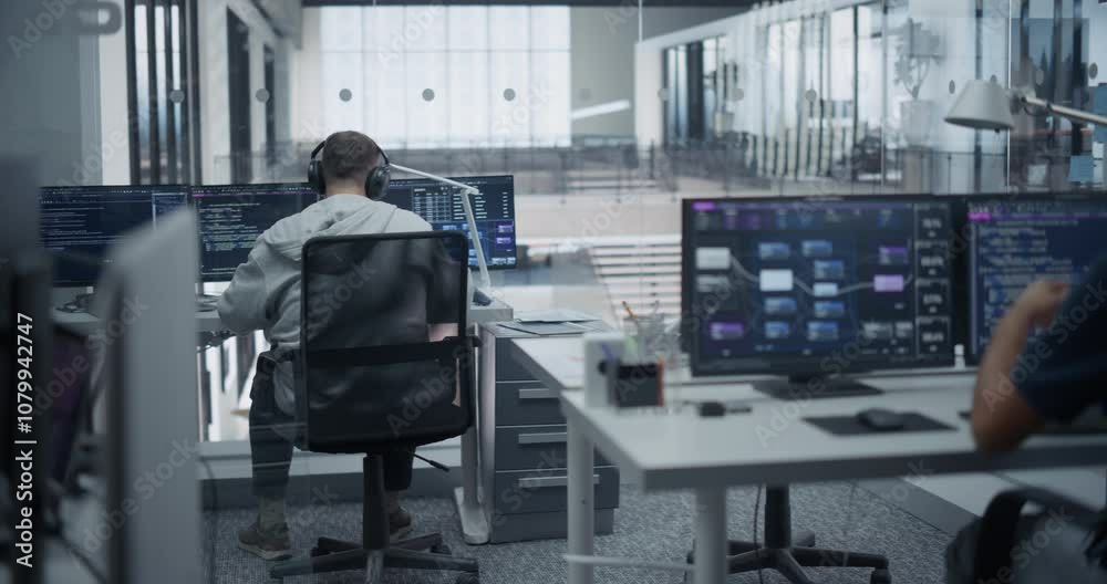 Male Software Developers Working in a Modern Tech Office, Using Desktop Computers for Reviewing Lines of Code and Testing Artificial Intelligence Models to Improve Performance in Their Project
