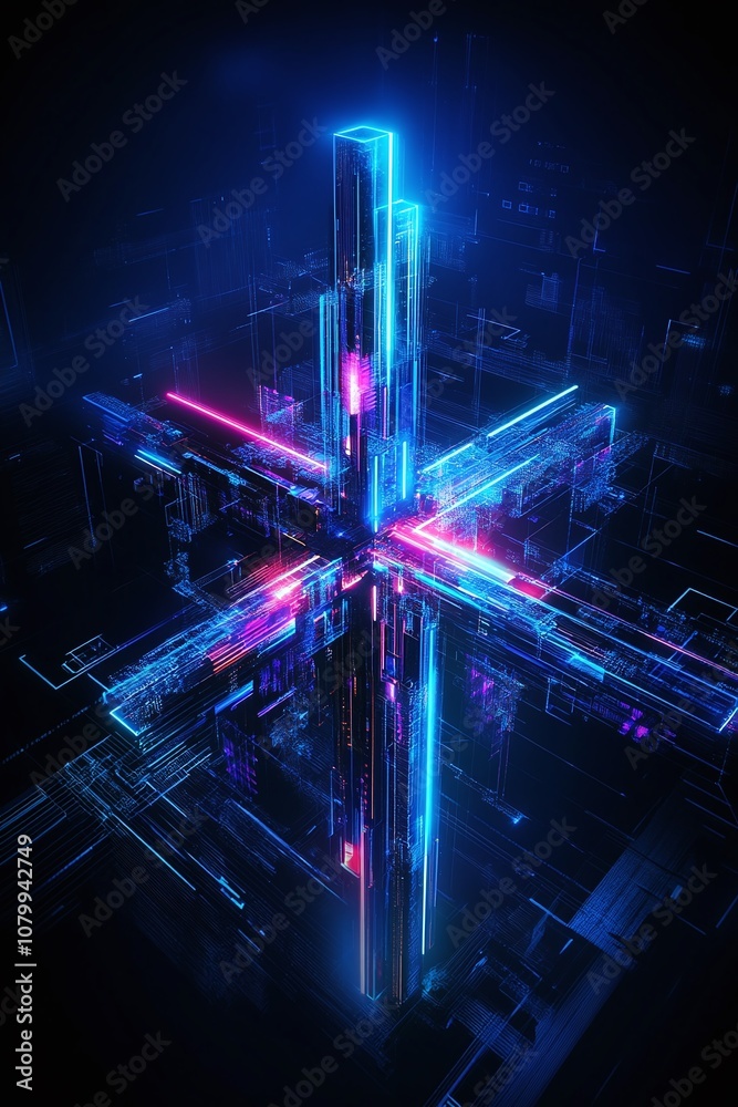 Fototapeta premium Abstract Neon Tech Background with Colorful Light Beams and Digital Elements for Futuristic Art, Technology, and Creative Projects in High Resolution