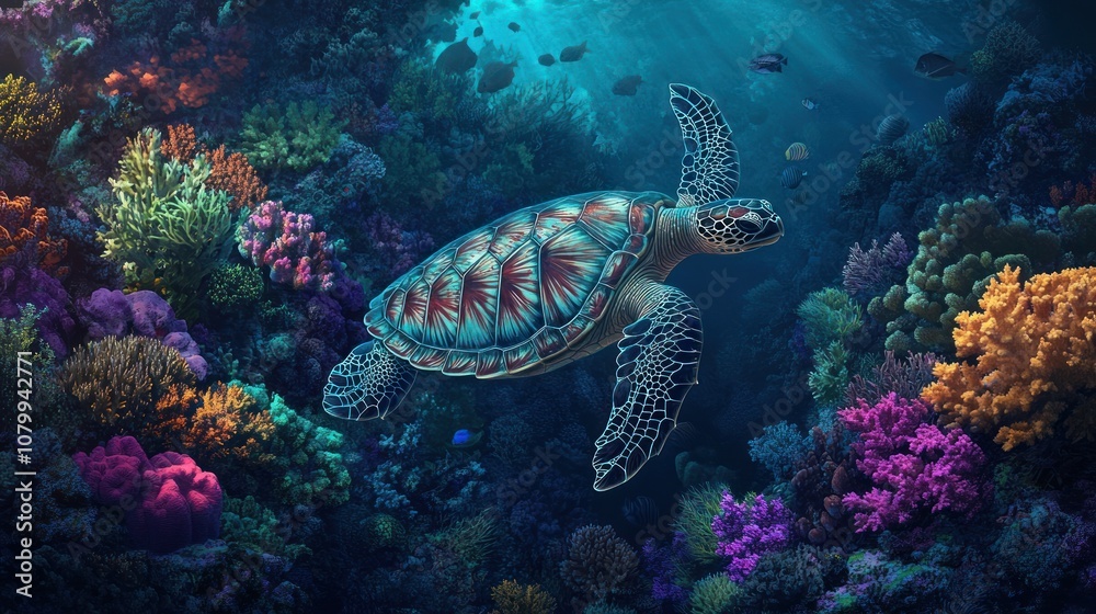A sea turtle swims gracefully through a vibrant coral reef, bathed in sunlight.
