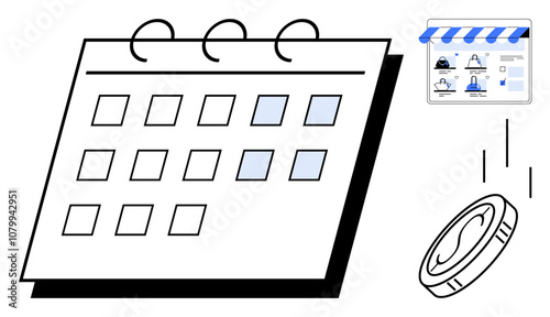 Monthly calendar with highlighted dates, e-commerce website with shopping trolley icon, and a falling coin. Ideal for scheduling, online shopping, financial planning, marketing strategies, business