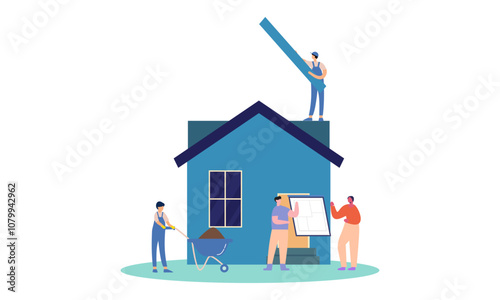 Building house process at construction site, work with floor plan illustration photo