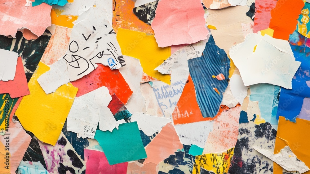 Naklejka premium A colorful collage of torn paper cliparts on a textured background sparks creativity and whimsy.
