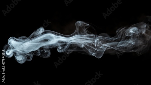 A delicate white smoke swirl capturing light, isolated on a black background,