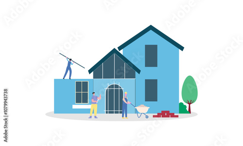Building house process at construction site, work with floor plan illustration