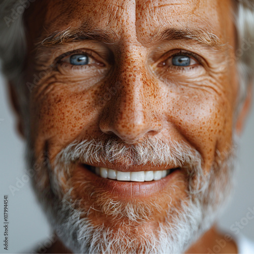 Smiling light-skinned 65 years old Swedish man with perfect straight white teeth. White background. 