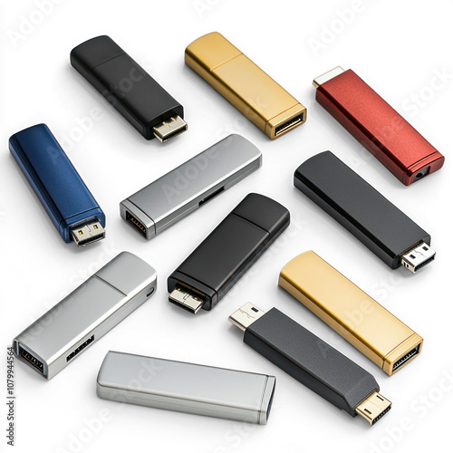 Assorted USB flash drives with different capacities. isolated on transparent background photo