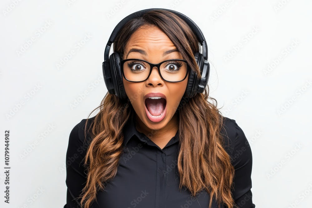 A surprised woman wearing headphones, expressing excitement or shock. A surprised woman wearing headphones, expressing excitement or shock.