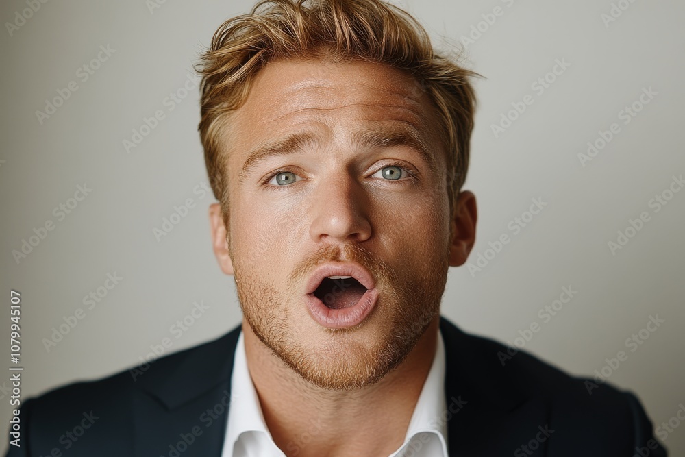 Obraz premium A surprised young man in a suit expressing shock or excitement.
