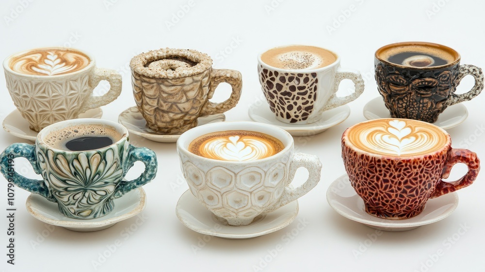 Fototapeta premium Aesthetic Collection of Beautifully Designed Coffee Cups with Various Coffee Varieties and Latte Art Displayed on Elegant White Background