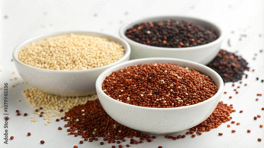 Three colors quinoa in a bowl isolate on white background. Quinoa texture. Quinoa background. Quinoa seed Three colors quinoa in a bowl isolate on white background. Quinoa texture. Quinoa background. Quinoa seed
