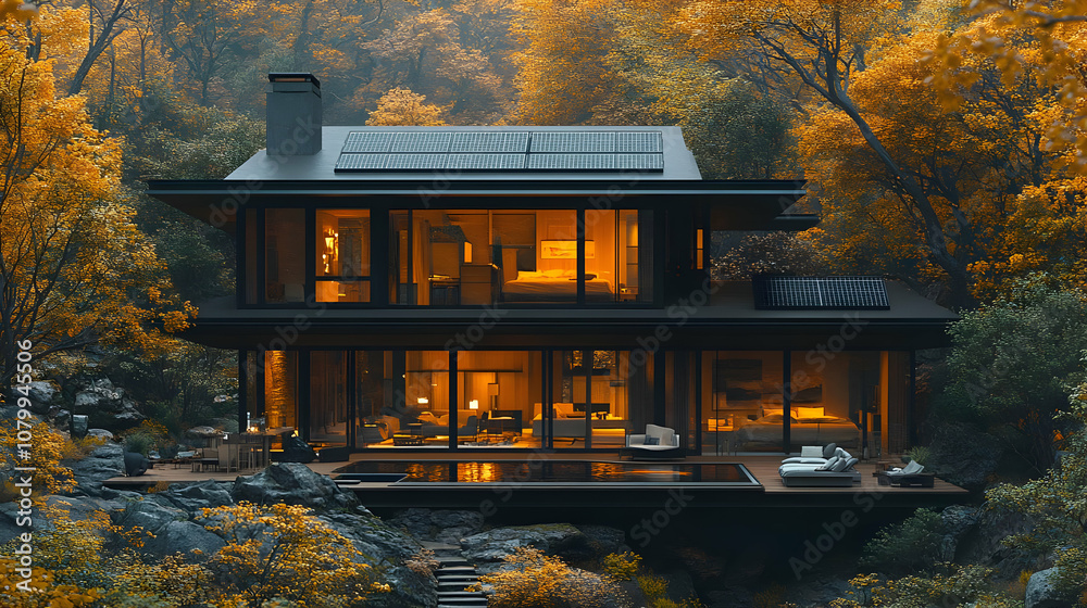 Obraz premium Modern House with Pool in Autumn Forest - 3D Illustration