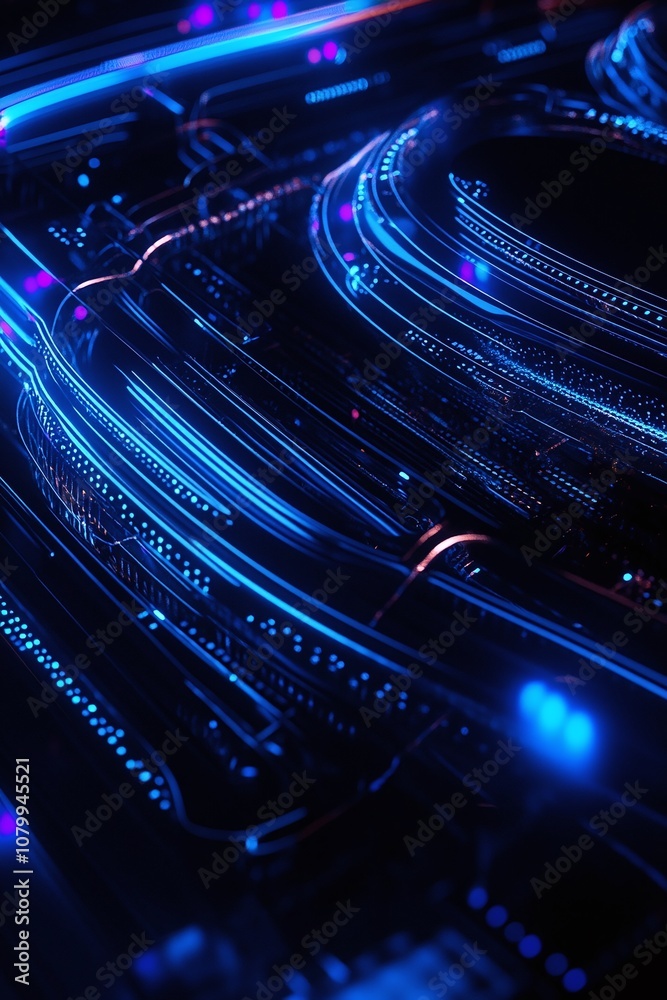 Abstract Technology Background with Glowing Blue and Purple Lines, Circuit Patterns, Digital Flow, and Light Trails for Futuristic or Cybernetic Themes Abstract Technology Background with Glowing Blue and Purple Lines, Circuit Patterns, Digital Flow, and Light Trails for Futuristic or Cybernetic Themes