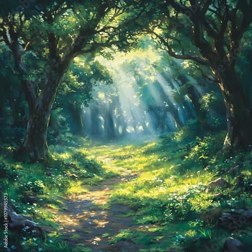 Illustration - Sunlit Forest Path with Lush Greenery