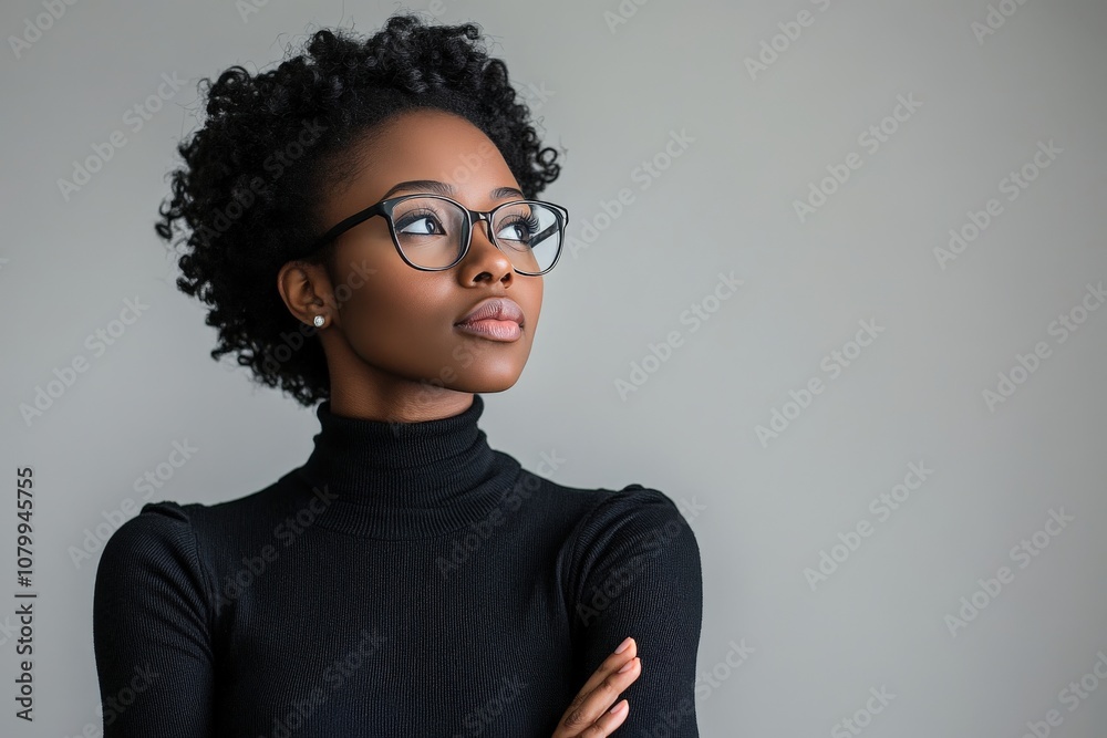 A thoughtful woman with curly hair and glasses poses against a neutral background. A thoughtful woman with curly hair and glasses poses against a neutral background.