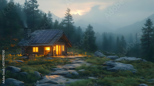 Cozy Cabin with Solar Panels in a Foggy Mountain Forest - 3D Illustration