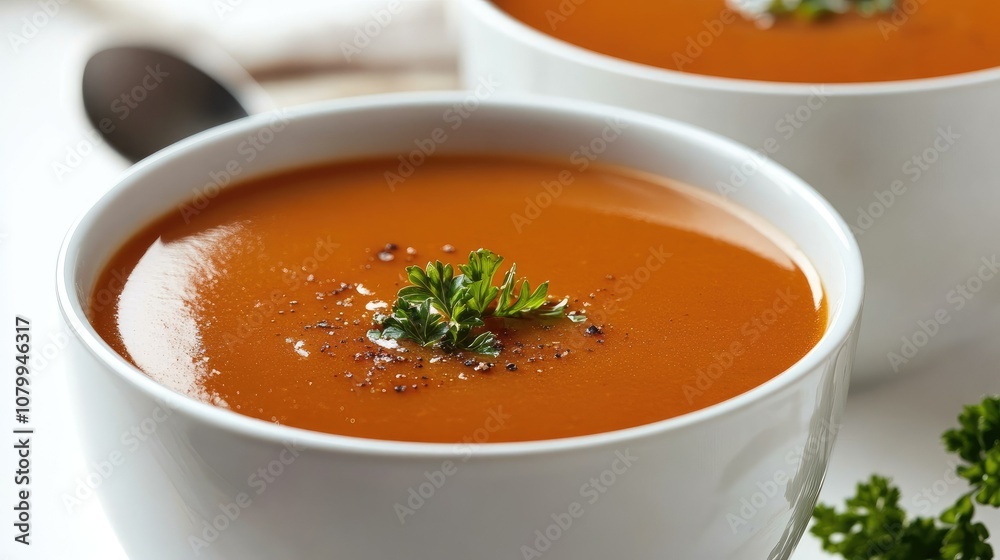 Warm and Creamy Tomato Soup Served in Elegant White Bowls Garnished with Fresh Parsley and Black Pepper for a Comforting Meal Experience Warm and Creamy Tomato Soup Served in Elegant White Bowls Garnished with Fresh Parsley and Black Pepper for a Comforting Meal Experience