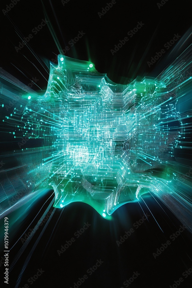 Obraz premium Abstract Visualization of Digital Technology with Pulsating Light Effects and Circuit Patterns, Representing Data Flow and Connectivity in a Futuristic Environment