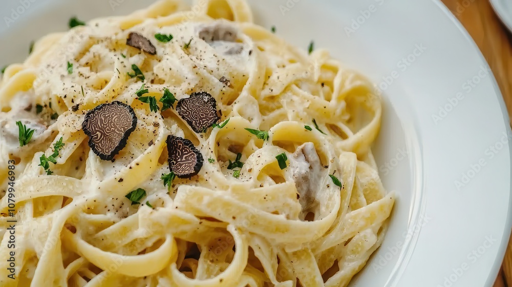 Creamy Fettuccine Pasta Dish with Truffle Slices and Grated Cheese Garnished with Fresh Herbs on a White Plate Ready to Serve Creamy Fettuccine Pasta Dish with Truffle Slices and Grated Cheese Garnished with Fresh Herbs on a White Plate Ready to Serve