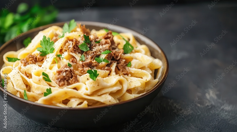Creamy Fettuccine Pasta with Savory Beef and Fresh Parsley Garnish in a Stylish Bowl on a Dark Background Creamy Fettuccine Pasta with Savory Beef and Fresh Parsley Garnish in a Stylish Bowl on a Dark Background