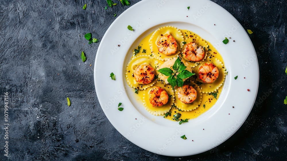 Elegant Plate of Fresh Ravioli with Grilled Shrimp Garnished with Herbs and Olive Oil Set on a Dark Textured Surface Celebrating Italian Cuisine Elegant Plate of Fresh Ravioli with Grilled Shrimp Garnished with Herbs and Olive Oil Set on a Dark Textured Surface Celebrating Italian Cuisine